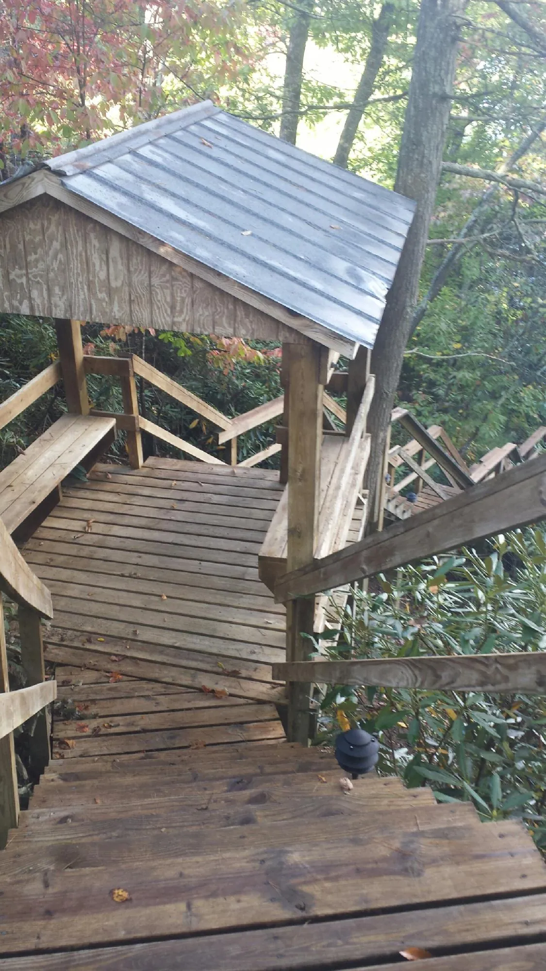 Metal roofed shelter over wooden steps on a wooded walkway — Skylight Repair & Installation work by our crew in Yerington